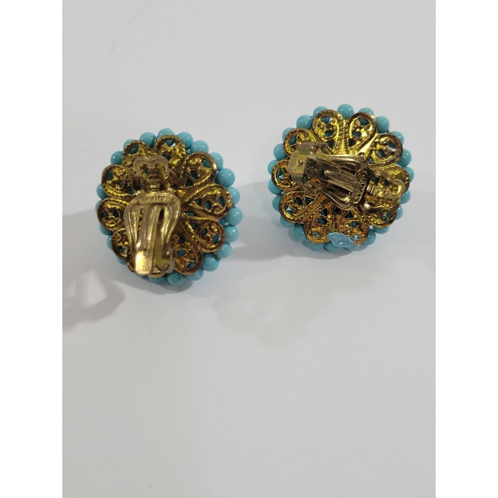 Turquoise color Beaded Dome Clip On Earrings 1" Japan Vintage Grandma - Picture 2 of 3